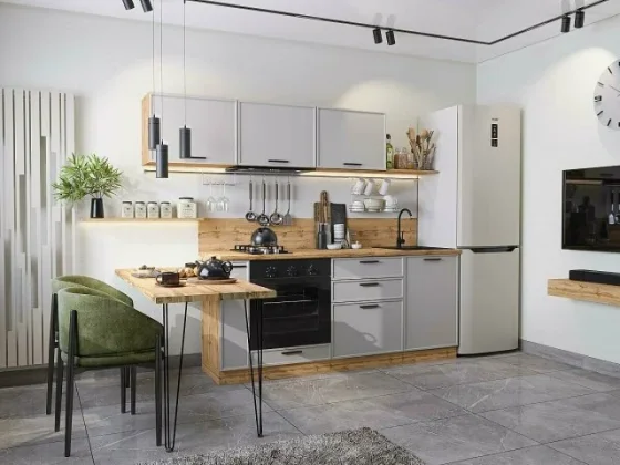 Готовый кухонный гарнитур кухня 2,3 м. без столешницы Фрейм-01 Grey Silk, Дуб Вотан 230х178х60 см